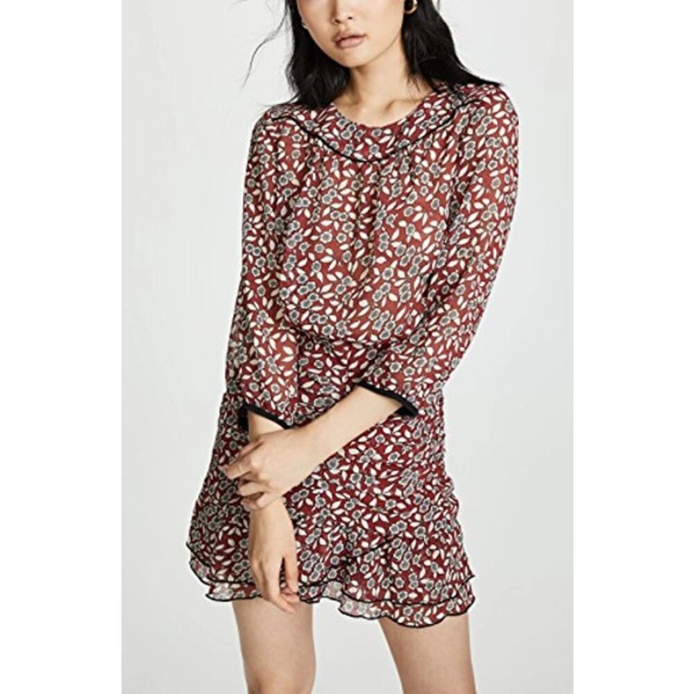 NWT BA&SH Sz 0 Billie Ruched Ruffle Floral Mini Dress in Burgundy Bordeaux